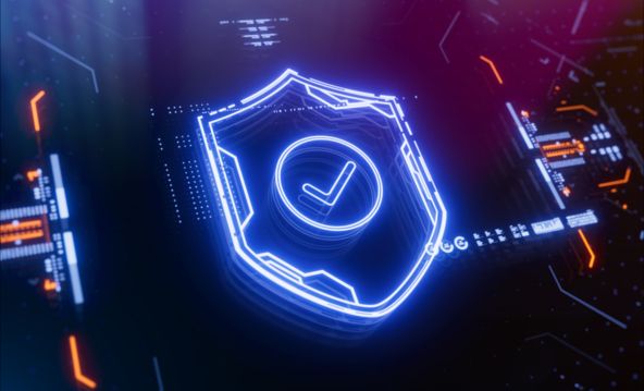Neon lit shield icon on a black background